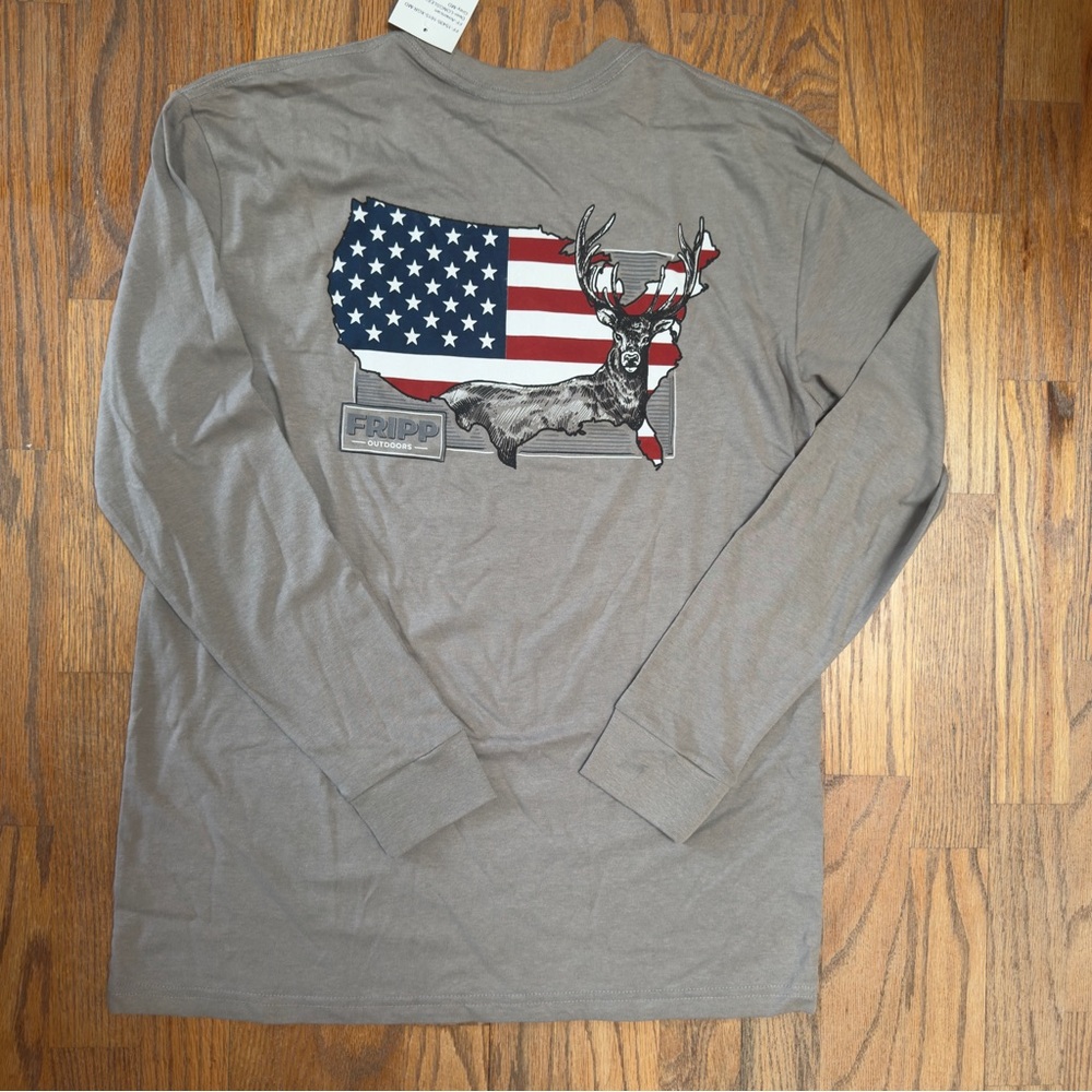 FRIPP Patriotic Shirt Mens Medium Gray Long Sleeve‎ American Flag Deer Graphic